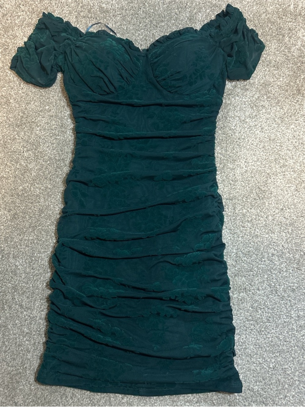 Fashion Nova Emerald Green Off-Shoulder Ruched Mini Dress